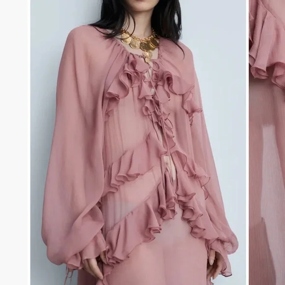 MANGO Boho Sheer Pink Ruffle Dress size 2/XS - Picture 3 of 9